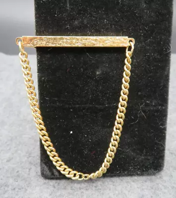 Vintage Anson Textured Gold Tone Expandable Mens Tie Clip Bar With Chain • $4.99