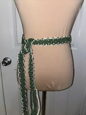 Vtg 70s Green MACRAME BELT Handmade Crochet Hippie Boho Festival Dress Woven 52” • $15.50