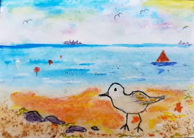 ACEO Sea Sand And Seagull Original Watercolour By Chris Clarke • £2.90