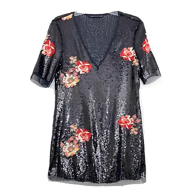 $44.99 • Buy ZARA WOMAN Black Embroidered Sequined V-Neck Mini Shift Dress Size XS