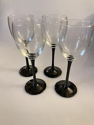 Vintage Luminarc Arcoroc Wine Glasses Black Stem Set Of 4 Marked France OnBottom • $24.99