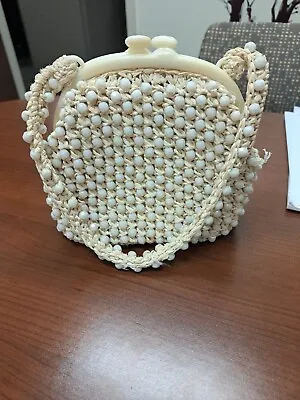 Vintage Rafia White Bead Woven Macrame Handbag Purse Hong Kong • $18