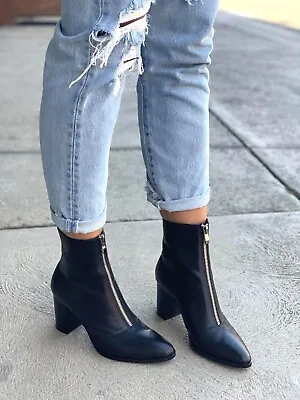 Django Juliette Black Leather Zip-Up Heeled Ankle Boots - Size 39 (Fit 8 To 8.5) • $60