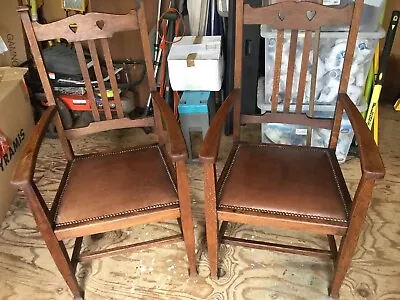 2 Art Deco Solid English Oak Leather Rivets  Carver Chairs • £80