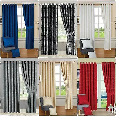 Damask Jacquard Eyelet Curtains Luxury Fabric Pair Of Ring Top Curtains& TieBack • £36.99