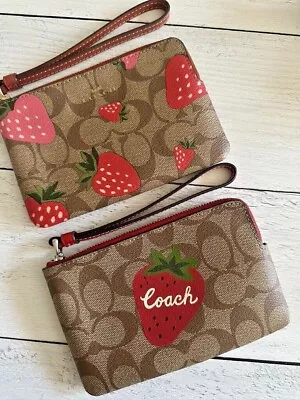 NWT Coach Corner Zip Wristlet In Signature Canvas With Wild Strawberry • $55