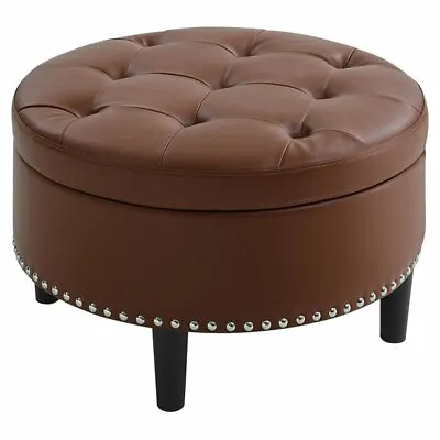 $158.56 • Buy Partner Furniture 30  Round Faux Leather Tufted Storage Ottoman In Brown