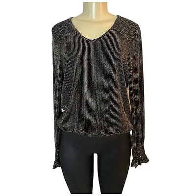 Joan Vass Dressy Cocktail Party Black Long Sleeve Women's Metallic Blouse Medium • $24.50