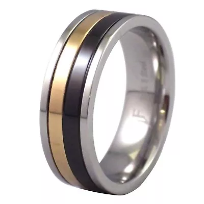 Black Gold Color PVD Plated Ring Mens Silver Stainless Steel Modern Band • £8.67