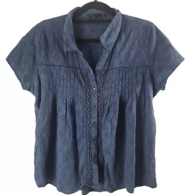 Prana Button Front Top XL Womens Blue Short Sleeve Lace Detail Classic Collared • £12.97