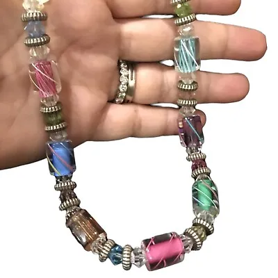 Glass Art Vintag Beads Necklace With Sterling Silver Clasp 16” • $125