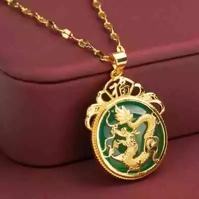 Natural 24K Gold Dragon Green Jade Pendant Men Women Fengshui Luck Necklace Gift • $10.50