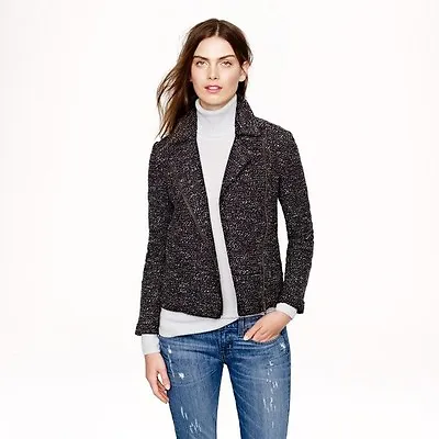 J.crew BLAZERJacket Coat Zip 8 Wool Blend Boucle Motorcycle Tweed Black White Z • $49.95