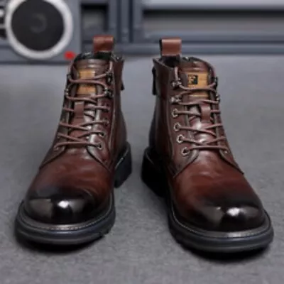 Men's Flat Leather Round Toe High Top Lace-up Casual Breathable Vintage Boots • $77.25