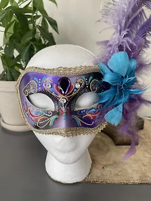 Maschera Del Galeone ITALY Hand Painted Masquerade Ball Mask Purple W Feathers • $12