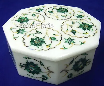 5 Inches Malachite Stone Inlay Work Trinket Box White Marble Multiuse Box • $180