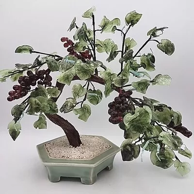 Vtg. Jadeite Bonsai-Tree Glass Sculpture Wired Leaves And Grapes Celadon Base • $59.95
