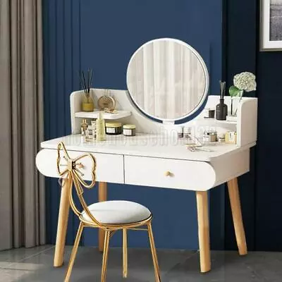 Vanity Makeup Dressing Table Round Mirror Jewelry Desk With 2 Drawers White • $119.99