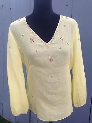 Rare Luxury Handmade Megan Park England Beaded Sheer Cotton Blouse 2 • $26.99