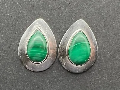 VINTAGE STERLING SILVER AND MALACHITE PIERCED EARRINGS 6 Grams • $14.95