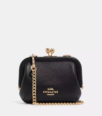 NWT Coach Nora Kisslock Card Case In Leather Black/Gold • £150.12