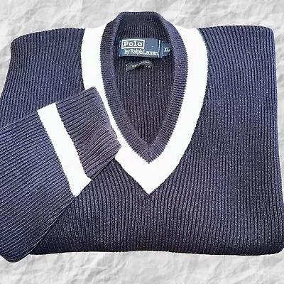 Vintage Polo Ralph Lauren Cricket Tennis Sweater Rib Knit X-Large Blue White • $129.99