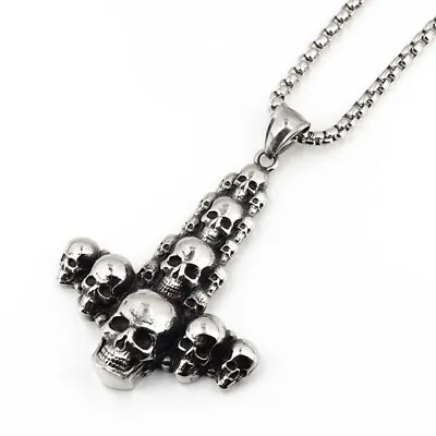 Punk Skull Men's Gothic Upside Down Cross Stainless Steel Pendant Necklace Chain • £10.99