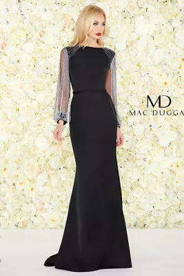 🖤 MAC DUGGAL 20116D Black Silver Bead Chain Fringe Sleeve Trumpet Gown Dress 6 • $486.75