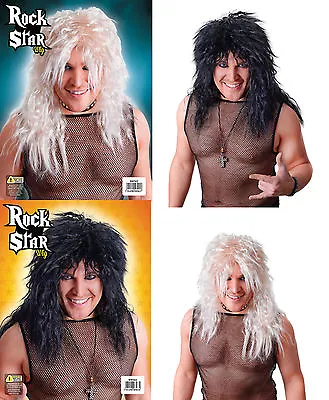 £9.99 • Buy Adult Mens Black Blond Rock Star Wig For 70s 80s Fancy Dress Party Accessory