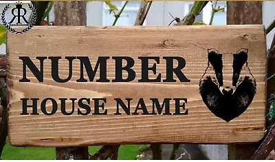 Rustic Badger House Gate Sign Plaque Door Number Personalised Name Plate Wooden • £24.99