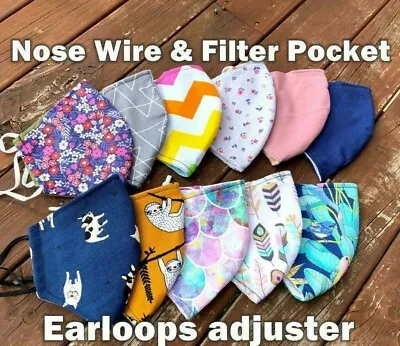 Washable Cotton Face Mask With Nose Wire And Filter Pocket Reusable Mask Adult • $3.99