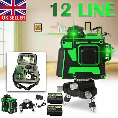 12 Line Laser Level Green Self Leveling 3D Cross Measure Tool Kit + 2 Batteries • £51.99