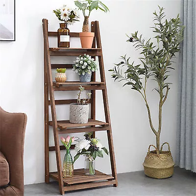 $55.90 • Buy 4 Tiers Wooden Ladder Storage Rack Display Stand Foldable Shelving Unit Bedroom