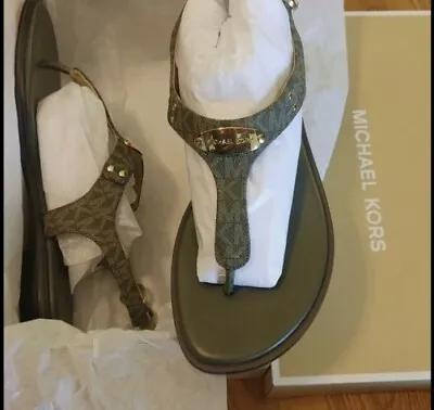 MICHAEL KORS New MK Mini Logo Gold Plate Thong Flat Buckle Up Olive Sandals  • $85.99