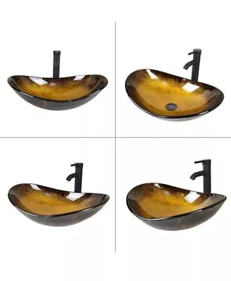 Artistic Yellow Glass Vessel Sink Modern Bathroom Oval -Oil Rubbed Bronze Faucet • $59.95