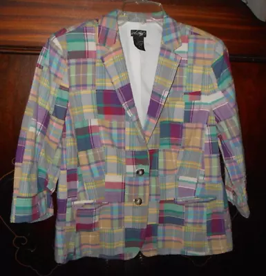 Lord & Taylor Pink Multi Color Plaid Madras Blazer Patchwork  3/4 Sleeves Sz 14 • $19.99