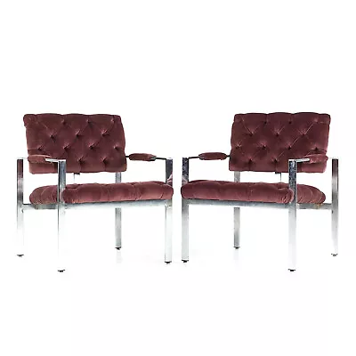 Milo Baughman For Thayer Coggin Mid Century Chrome Tufted Arm Chairs - Pair • $4347