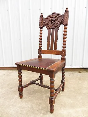ANTIQUE Carved OAK NORTHWIND MAN FACE Studded LEATHER SIDE CHAIR Gothic Art • $250