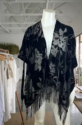 Black OS Velvet Burnout Kimono Shawl Wrap Top Jacket Fringe Witchy Goth Floral • $29.99