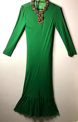 Vintage 1960s Green Silk Evening Dress W/ Ornate Sequin Collar Mod 40s Art Deco • $199.95