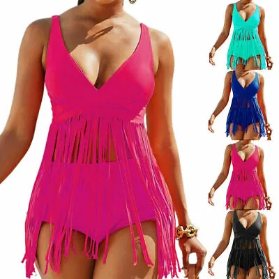 Womens Tassel Solid Color Tankini Bikini Set High Waisted Swim Dress Swimsuit • £14.27