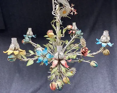 Vintage 5 Arm Italian Tole Metal Chandelier Colorful Flowers Bouquet 26”W X 19”H • $399.99