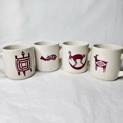 4 Ancient Mimbreno Mugs Burgundy 3 1/2  10 Oz. Santa Fe RR Replica Vintage Lot 2 • $55.96