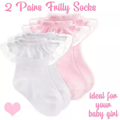 2 Pack Baby Girls Frilly Socks Newborn Toddler Tutu Frill Lace 0-0 0-2.5 3-5.5 • £4.49