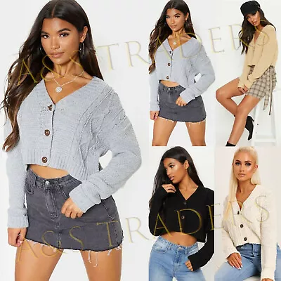 £11.48 • Buy Womens Ladies Crop Short Cable Chunky Knitted 3 Button Long Sleeve Cardigan Top