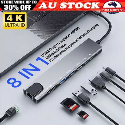 8 In 1 USB-C Type C HD Output 4K HDMI Usb 3.0 HUB Adapter For MacBook IPad Pro • $28.85