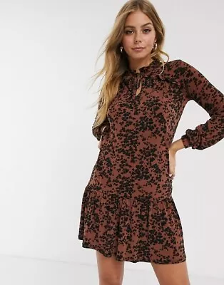 EX OASIS LADIES HEART PRINT DROP WAIST DRESS BROWN SIZE (M) 12 (ref 157) SALE • £14.95