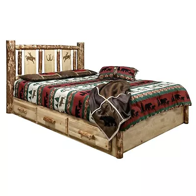 Rustic Log Platform Bed With Storage Drawers KING SIZE Unique Etching • $2322.21