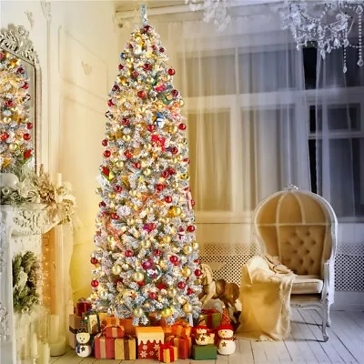 6Ft/7.5Ft/9Ft Prelit Pencil Christmas Tree Snow Flocked Artificial Tree W/Stand • $99.88