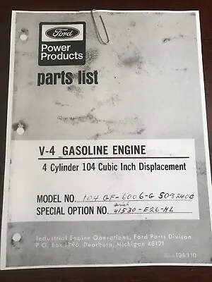 FORD V-4 Gasoline V4 Engine 4 Cylinder 104 Inch Displacement PARTS MANUAL • $19.99